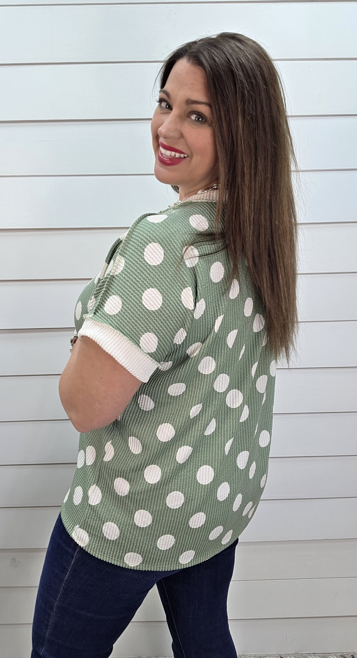 SAGE POLKA DOT RAISED RIBBED KNIT TOP