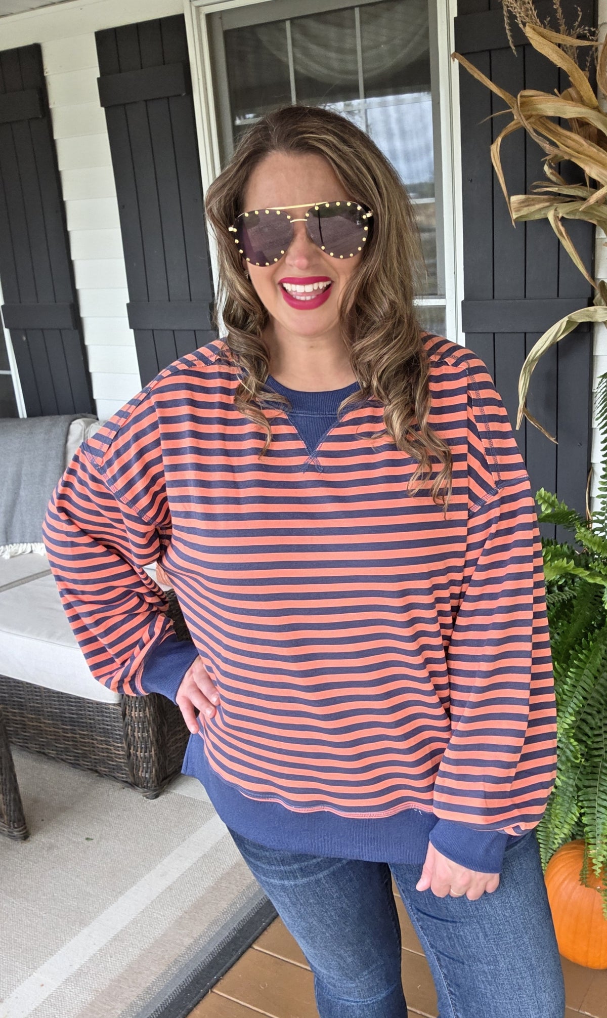 CORAL/NAVY STRIPED OVERSIZED KNIT TOP