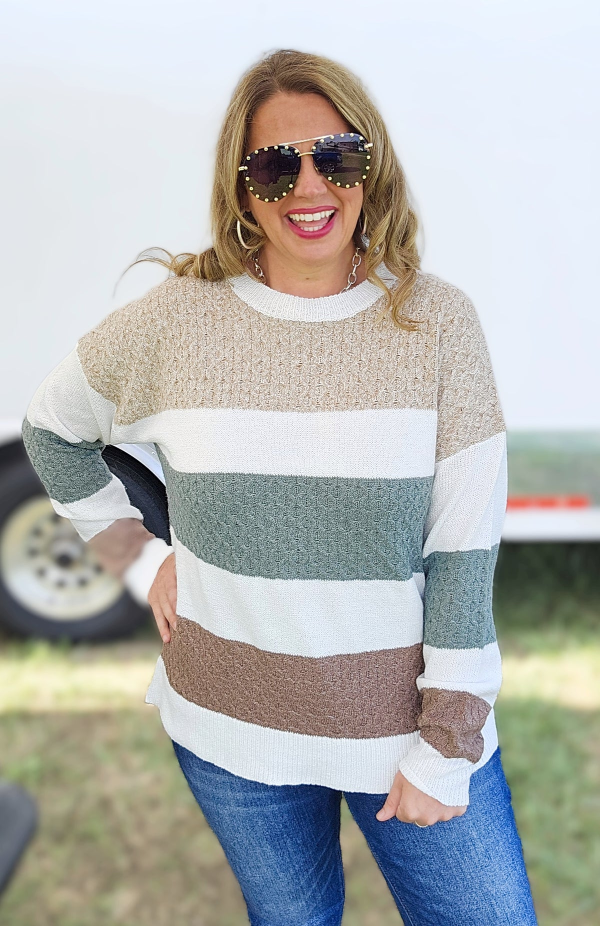 OLIVE/MOCHA TEXTURED COLORBLOCK KNIT SOFT SWEATER