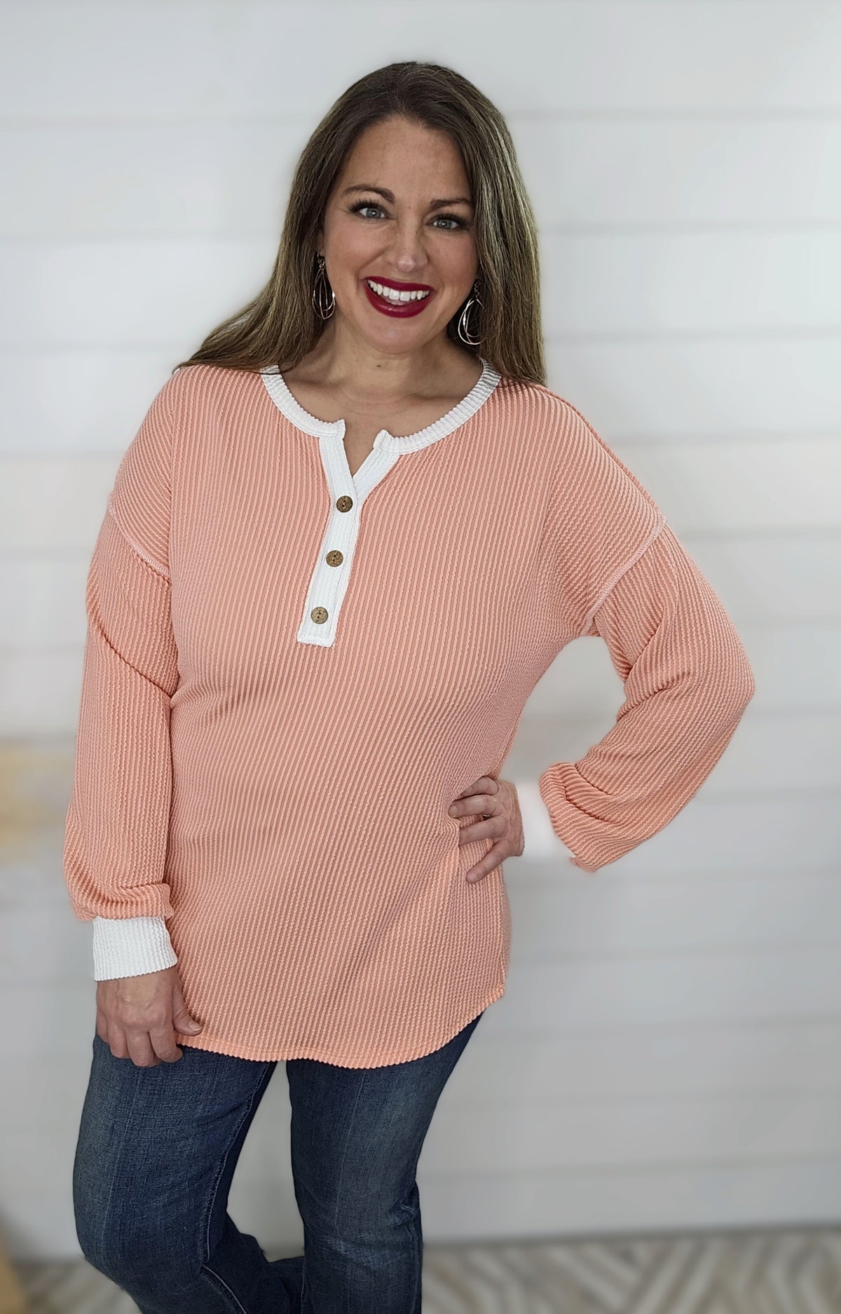 CORAL RAISED RIBBED BUTTON FRONT TOP