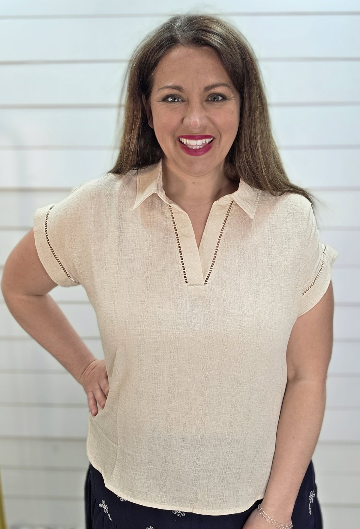 LIGHT KHAKI COLLARED V NECK LINE LACE WOVEN TOP