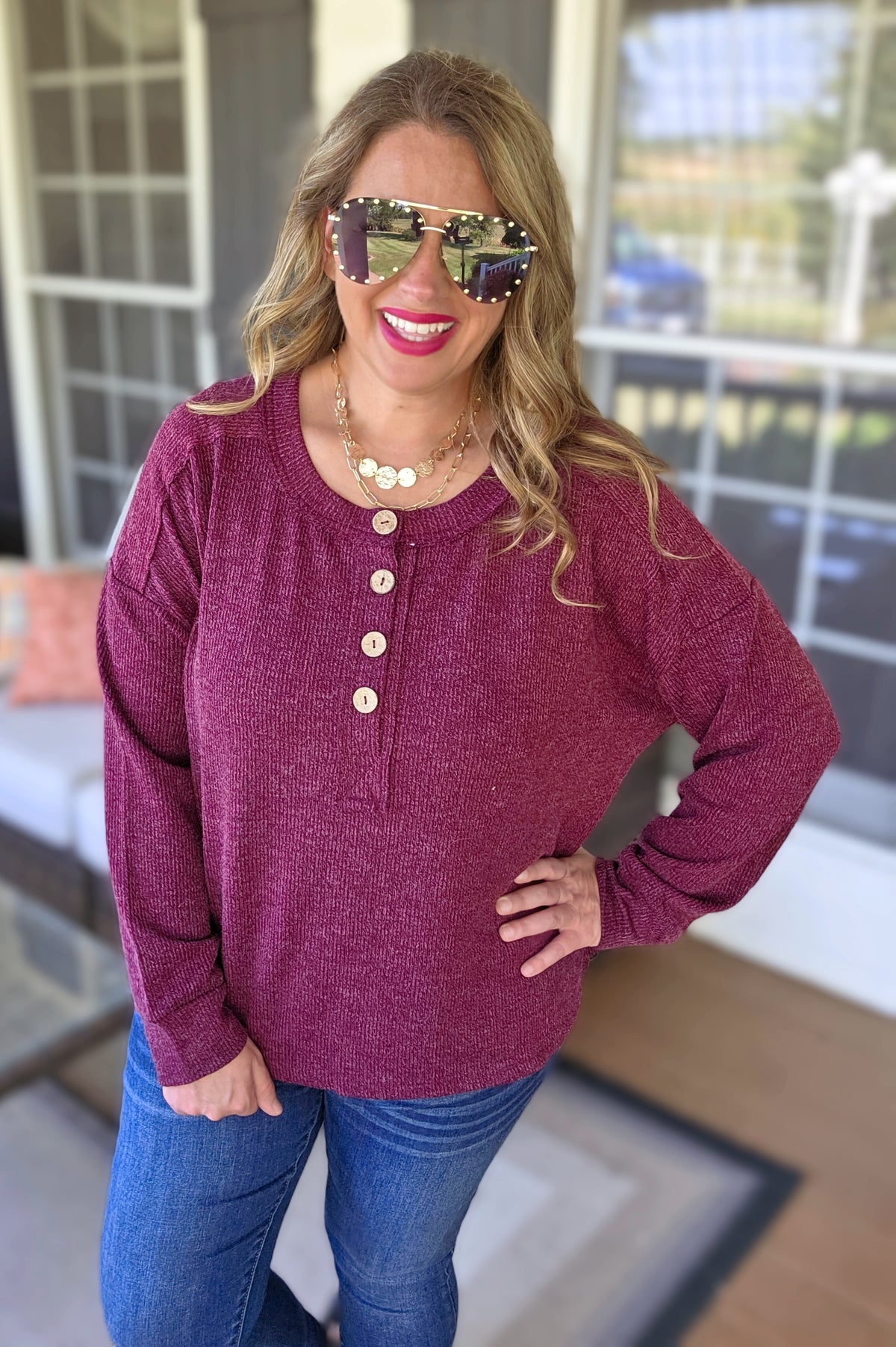 BURGUNDY RIBBED TEXTURED LONG SLEEVE HENLEY KNIT TOP
