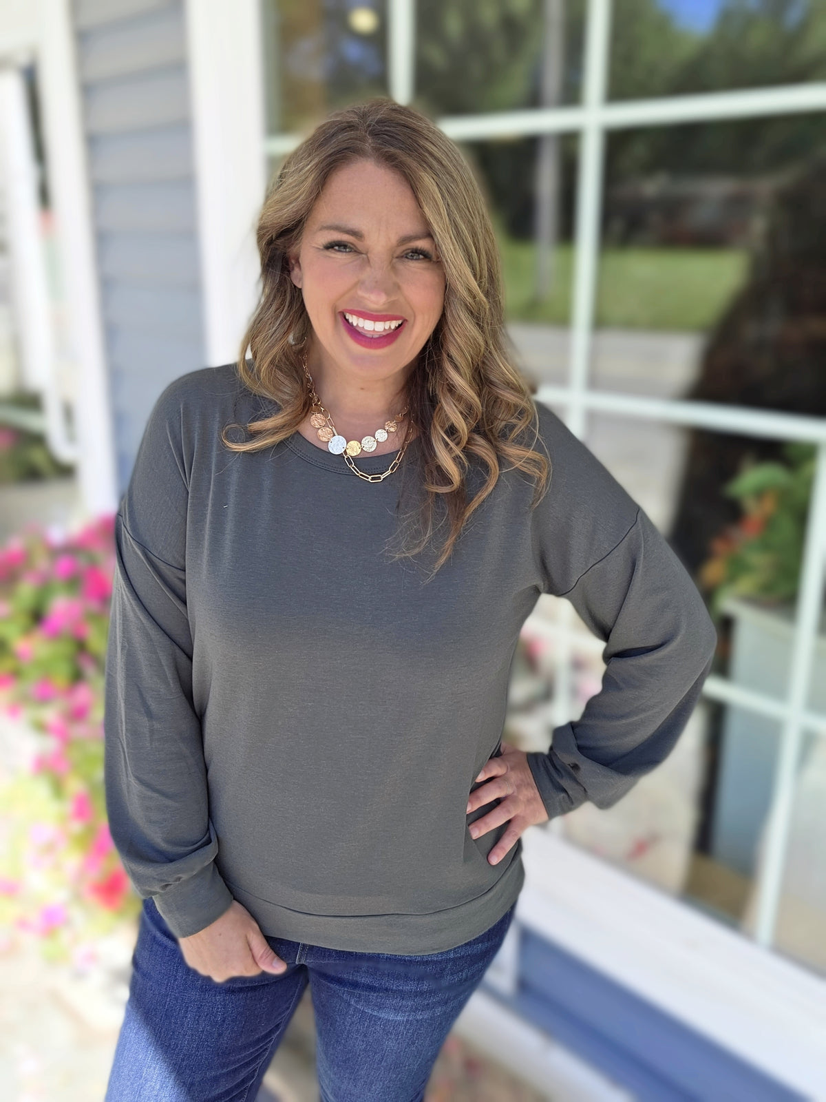 HUNTER GREEN FRENCH TERRY LONG SLEEVE TOP