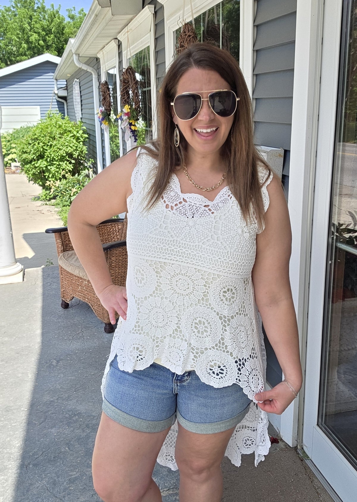 WHITE CROCHET HI LOW SLEEVELESS TUNIC TOP