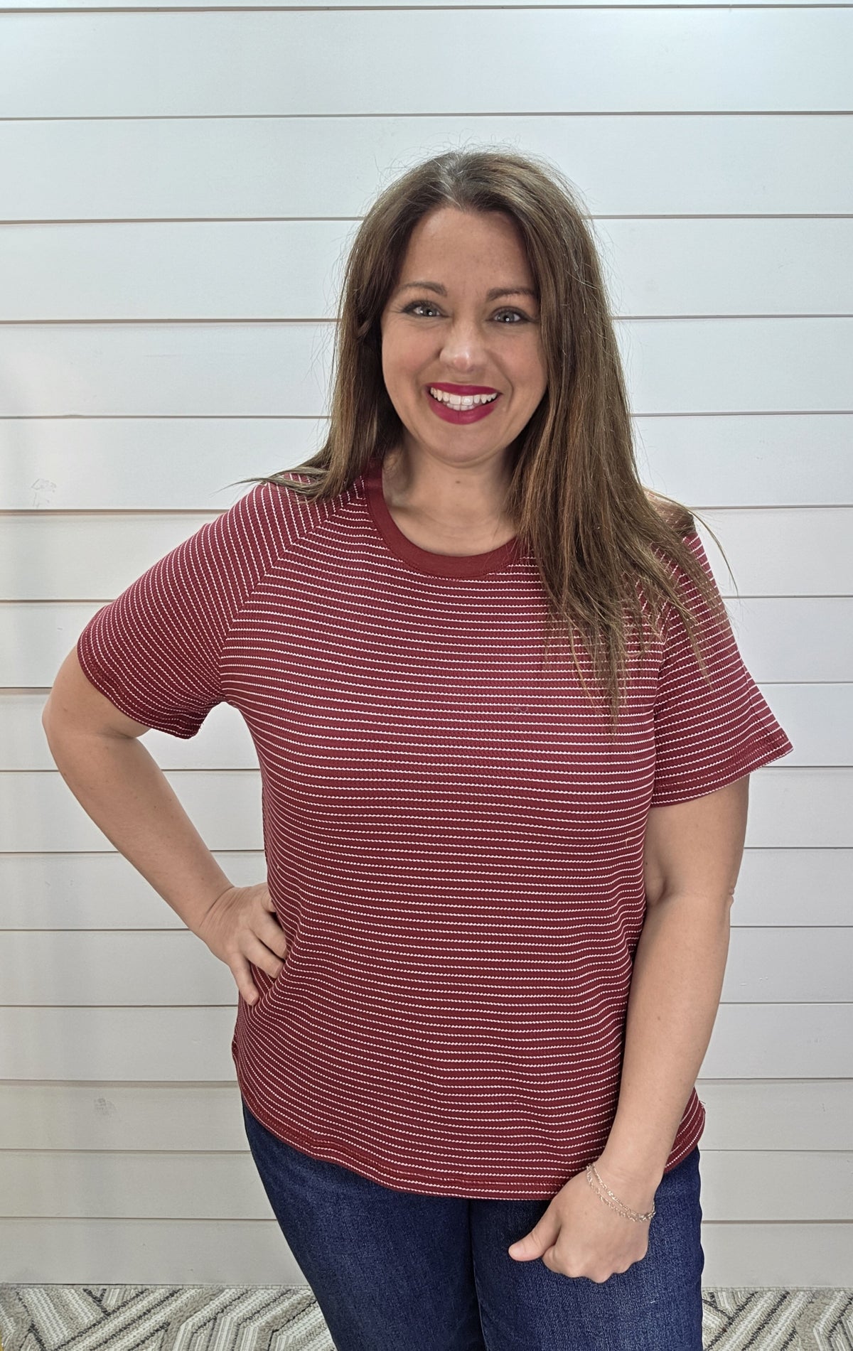 WINE STRIPED TEXTURED KNIT TOP