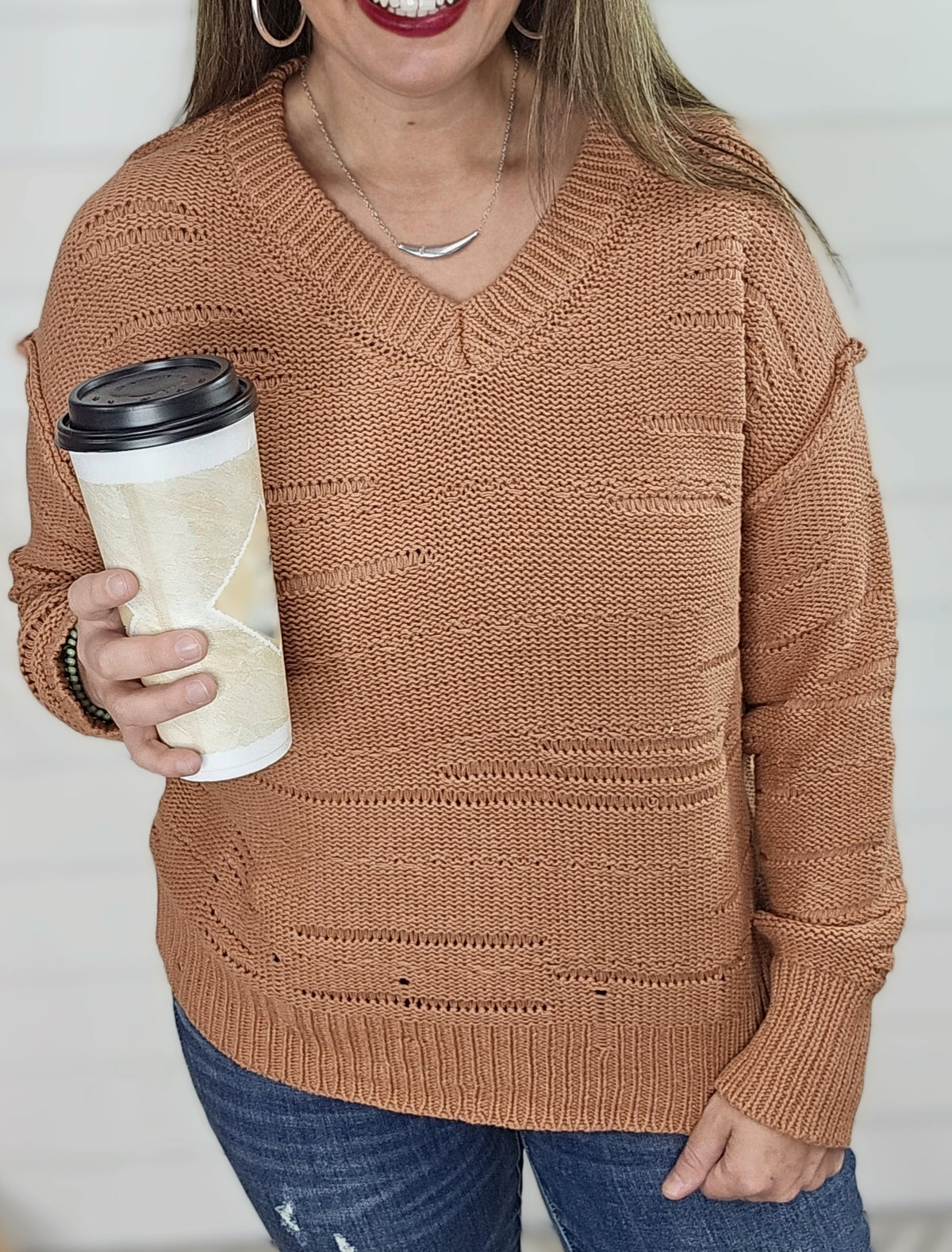 TERRA COTTA DISTRESSED DETAIL V NECK SWEATER