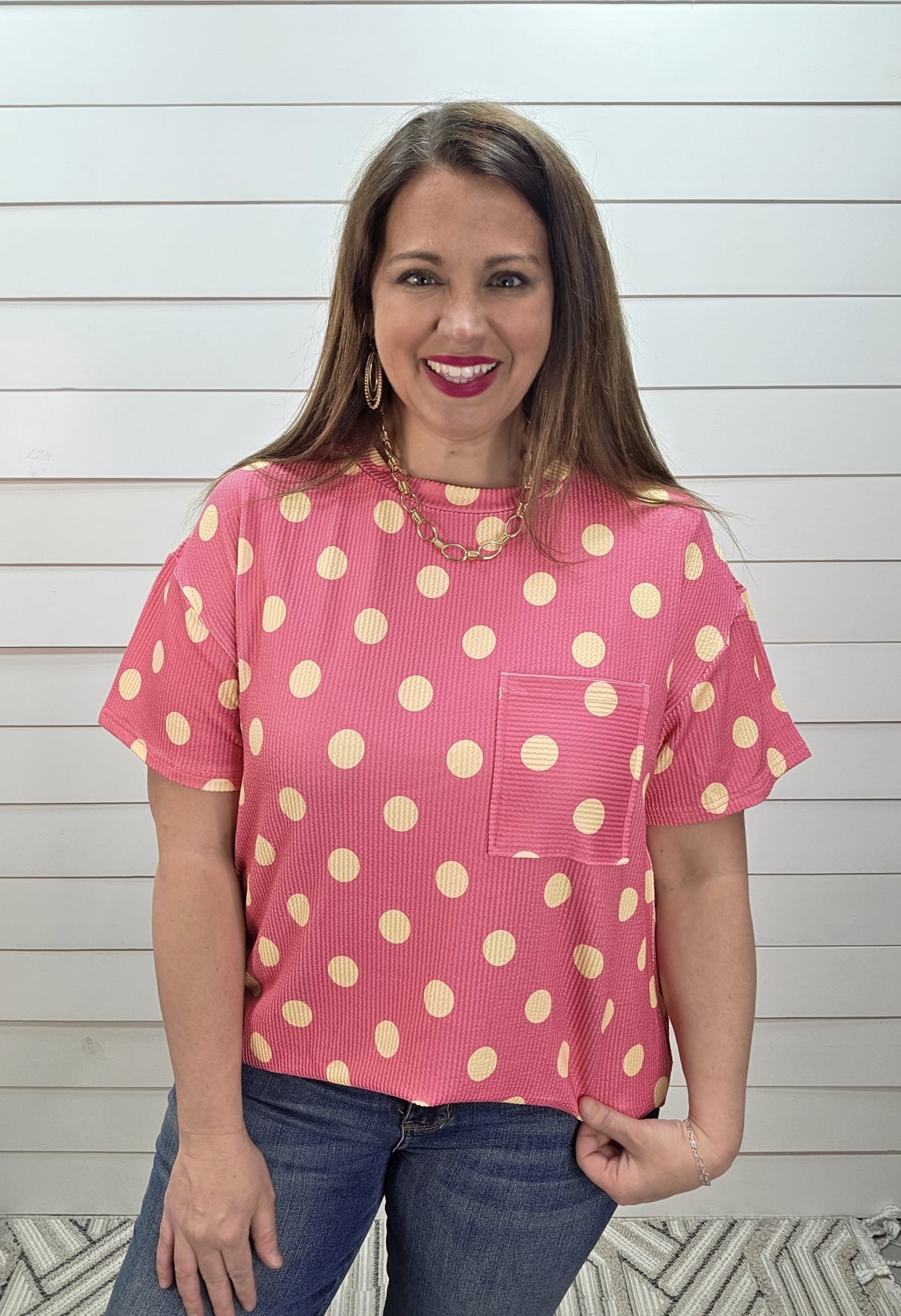 PINK/YELLOW RAISED RIBBED POLKADOT TOP W/ POCKET DETAIL