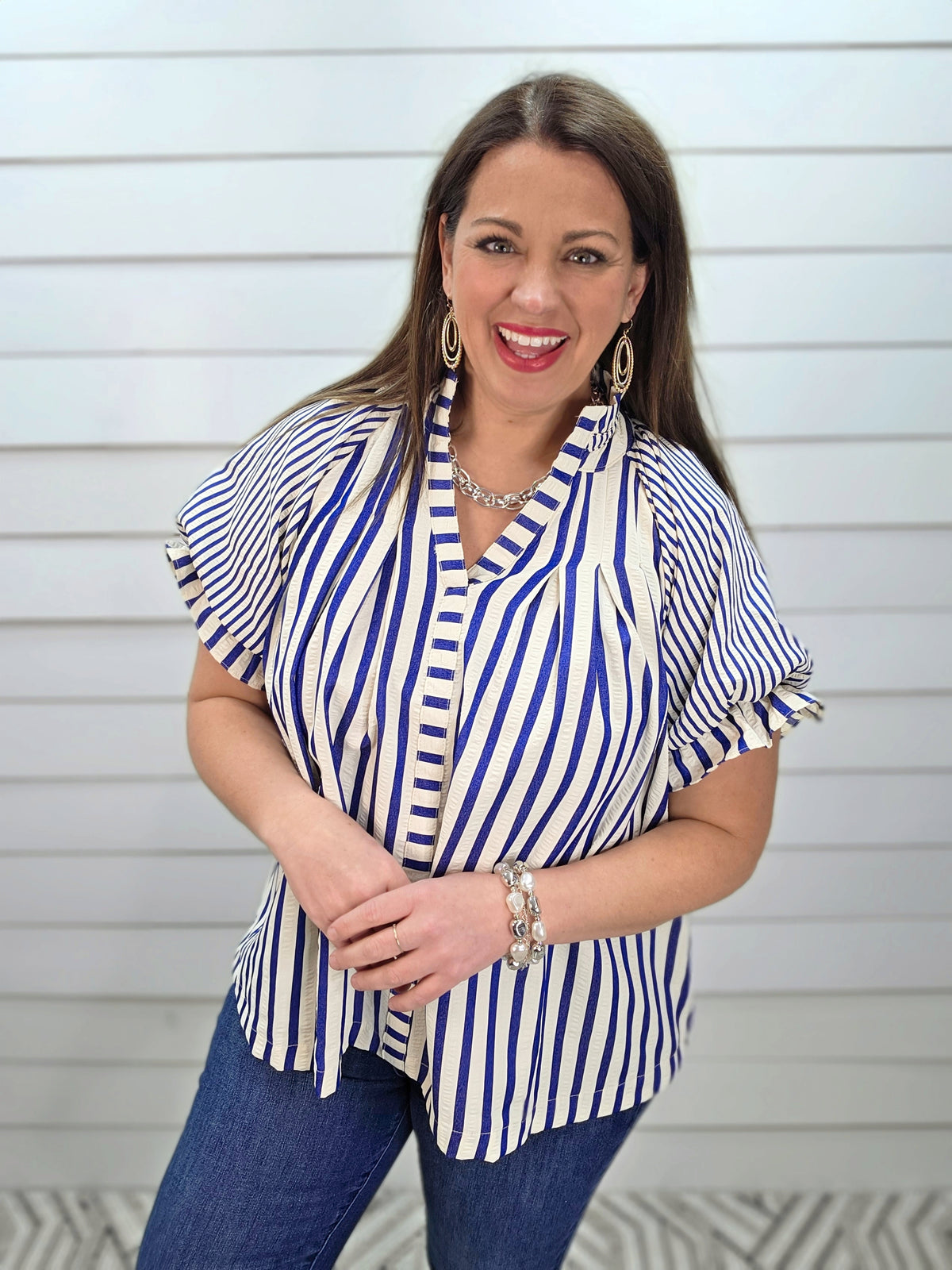 BLUE/CREAM STRIPED V NECK OVERSIZED WOVEN TOP