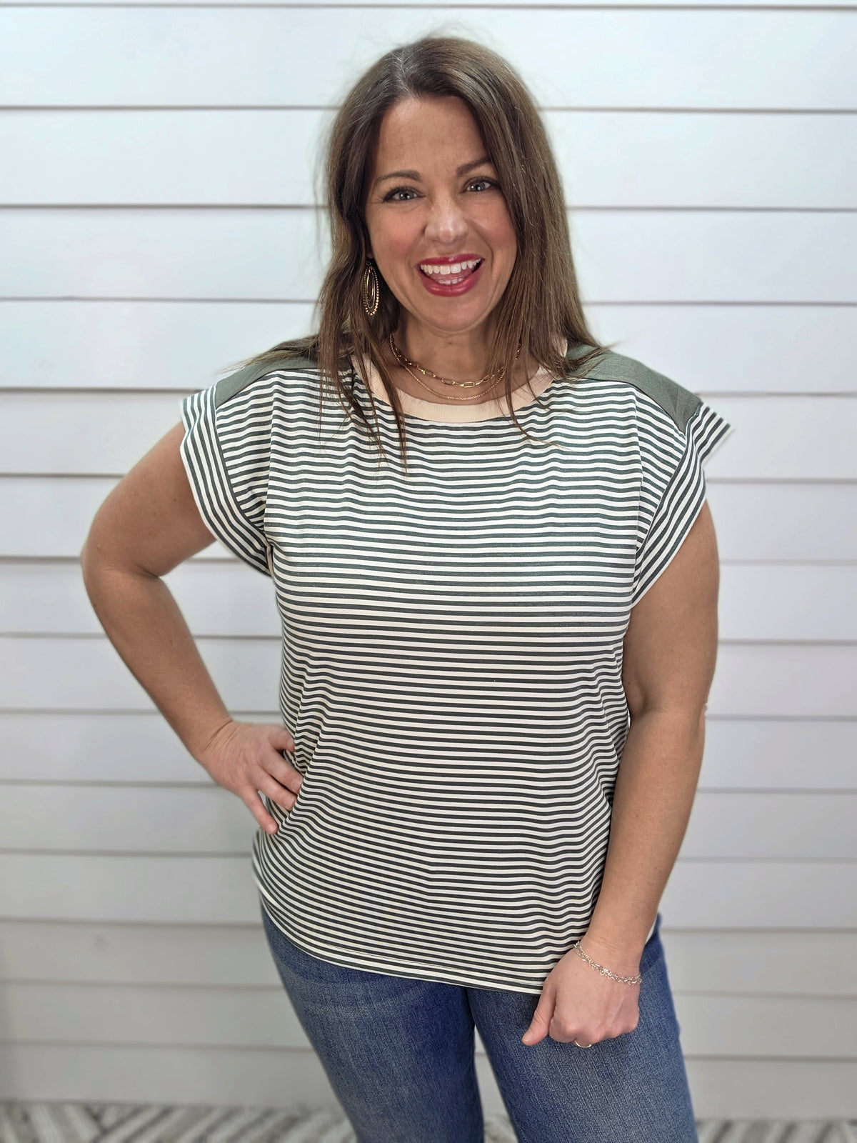 OLIVE STRIPED CAP SLEEVE KNIT TOP