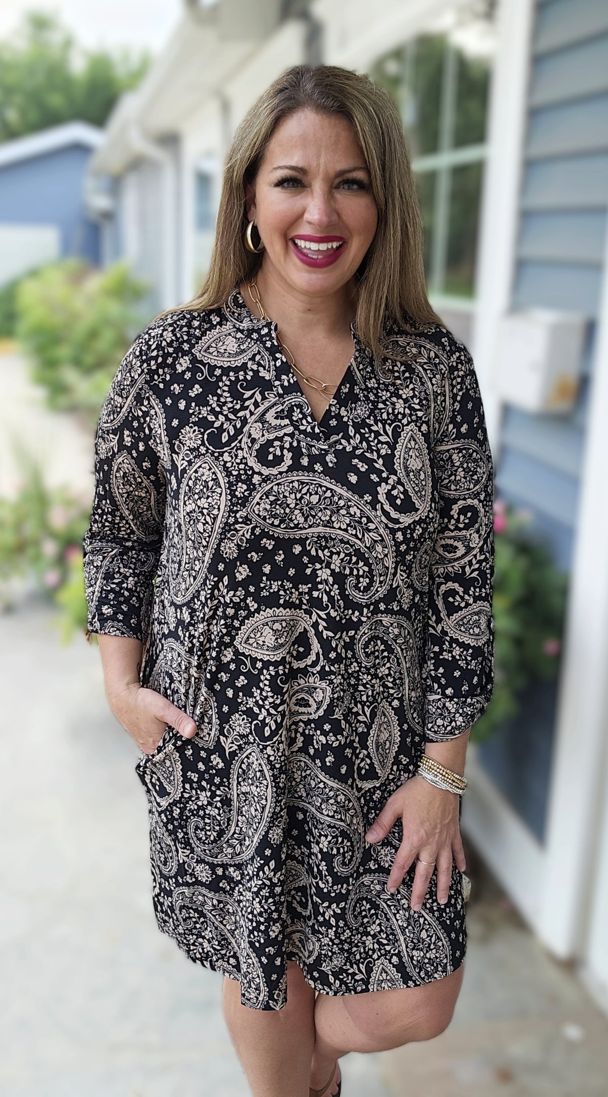 DEAR SCARLETT BLACK/TAUPE PAISLEY 3/4 SLEEVE DRESS