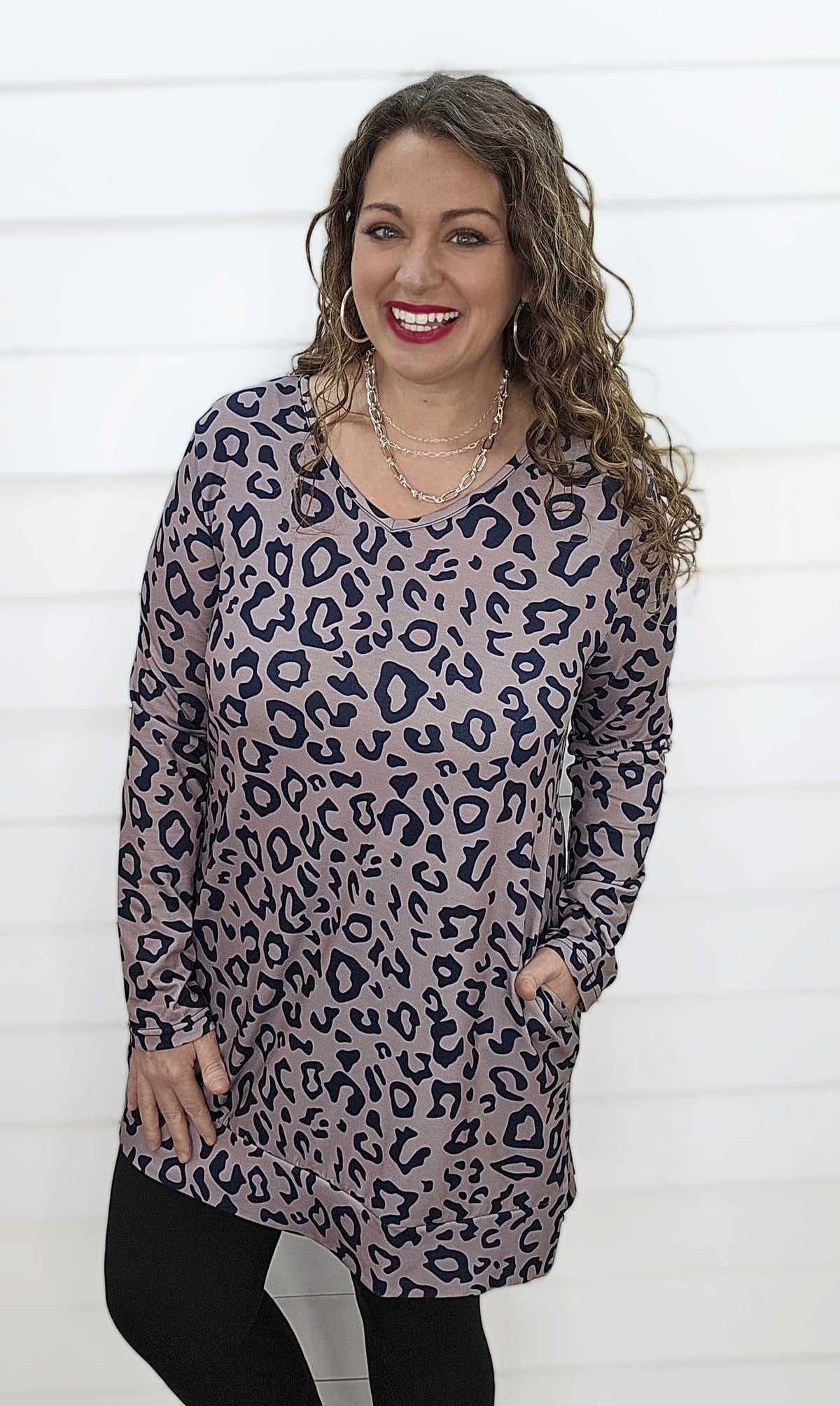 TAUPE ANIMAL PRINT SLIT HEM TUNIC