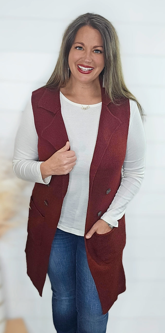 BURGUNDY SLEEVELESS LONG SWEATER VEST