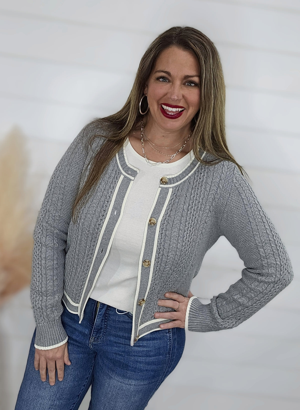 GREY CABLE KNIT BUTTON DOWN CARDIGAN/SWEATER