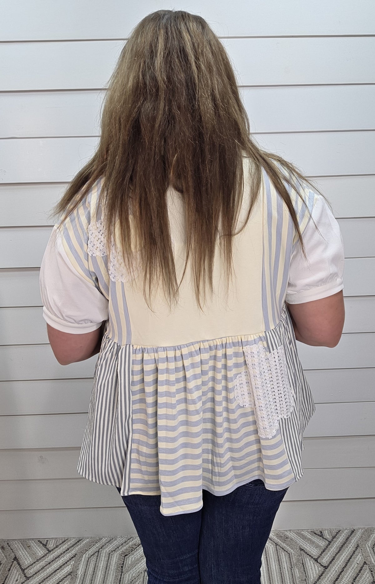 SKY BLUE CONTRAST STRIPED HALF BUTTON LAY DOWN COLLAR FLORAL TRIM TOP