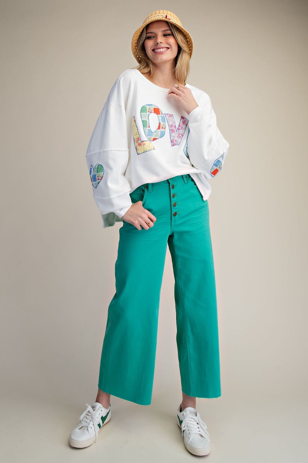 CLOVER GREEN BUTTON FRONT STRETCH WIDE LEG JEANS