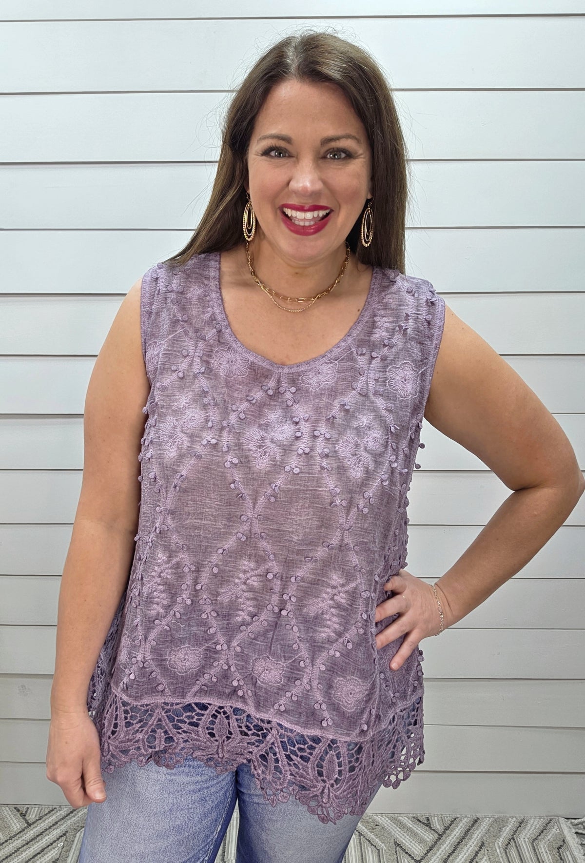 PURPLE CASUAL CROCHET DETAIL TANK TOP