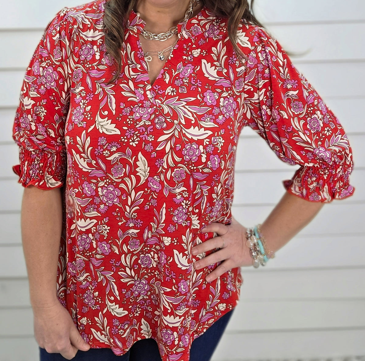 DEAR SCARLETT SMOCKED TOP - RED PRINTED