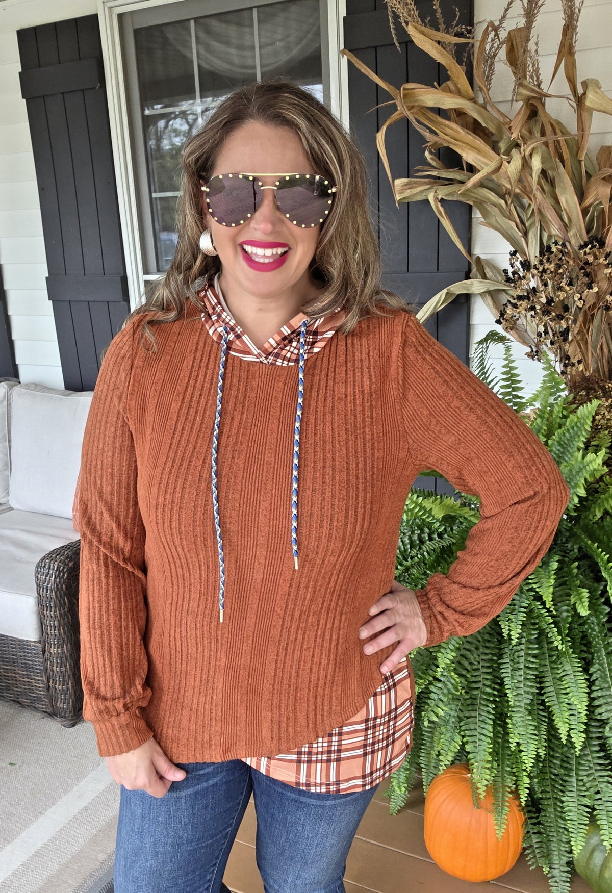 RUST BRUSHED KNIT PLAID CONTRAST LIGHT WEIGHT HOODIE