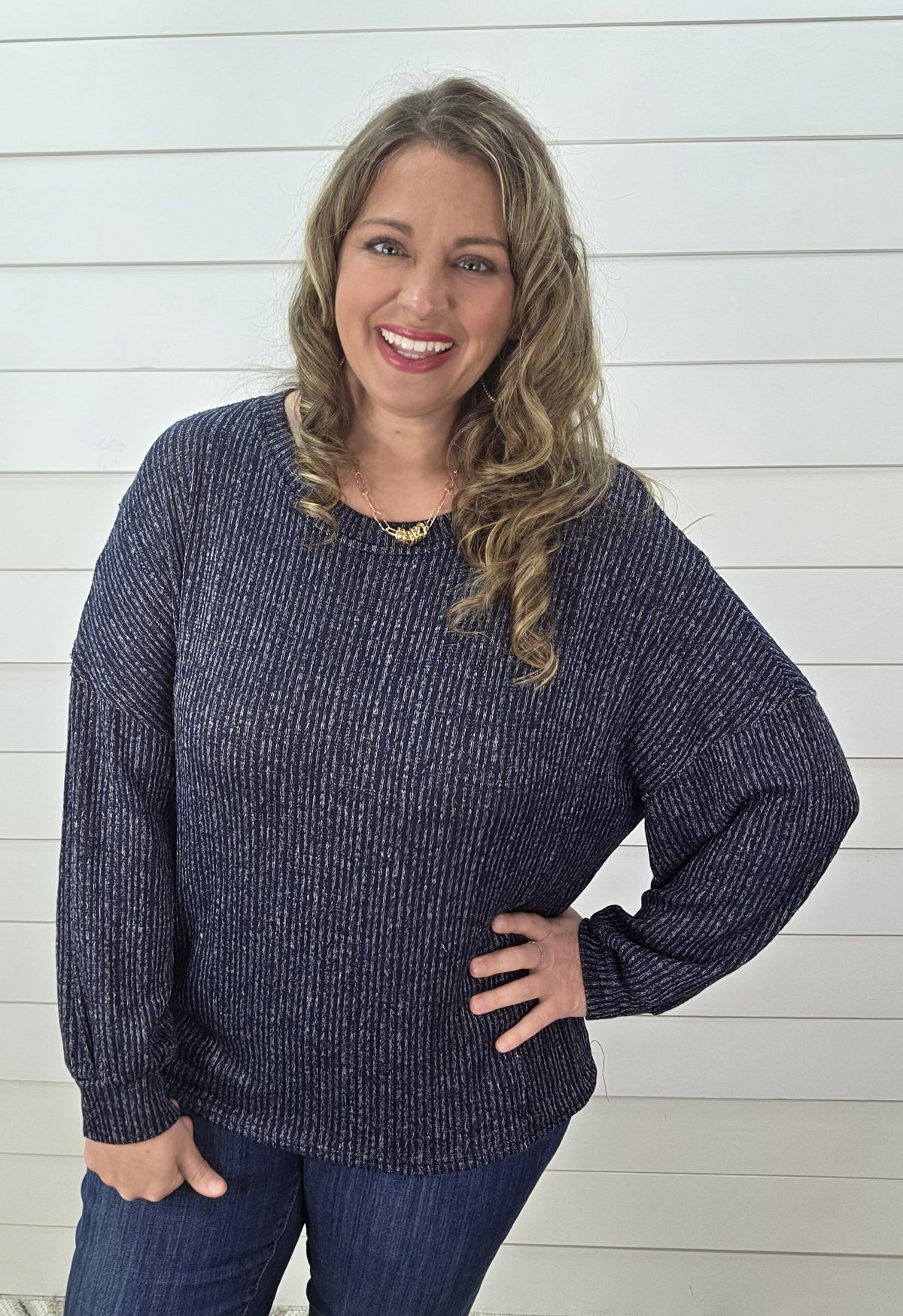 NAVY MARBLED LONG SLEEVE KNIT TOP