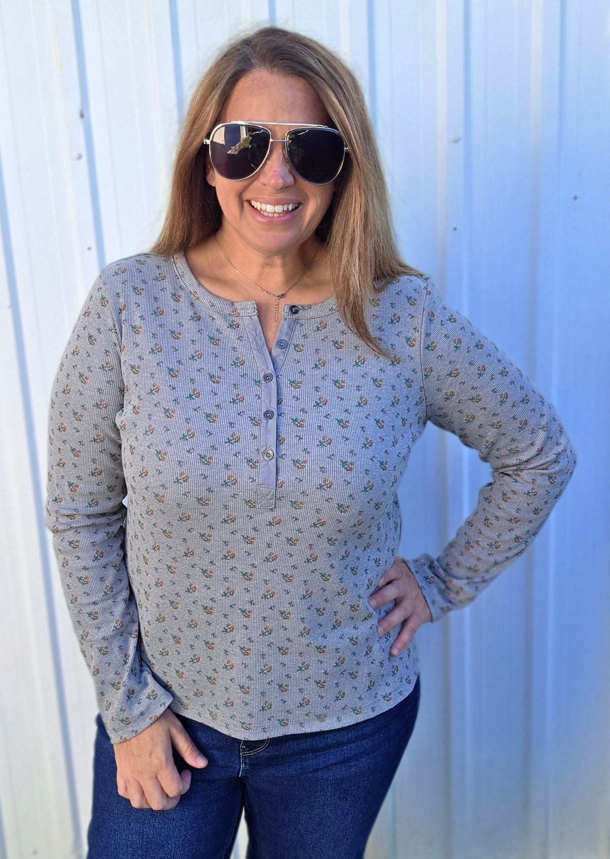 HEATHER GREY Henry Button Nk, Long sleeve, Floral Printed Rib Top