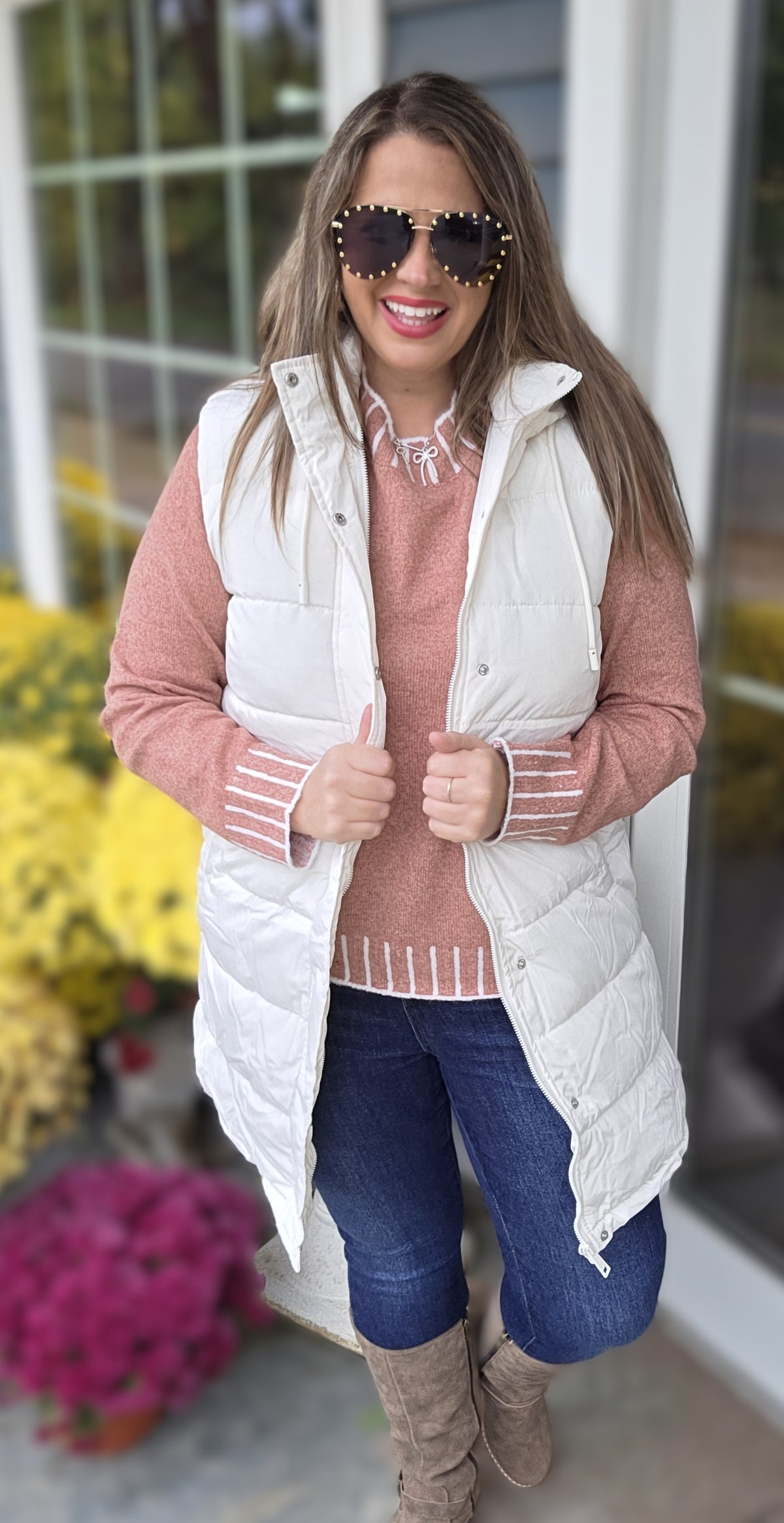 IVORY LONG PUFFER HOODED VEST