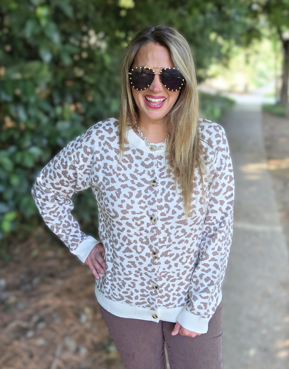 BROWN/CREAM ANIMAL PRINT BUTTON DOWN SWEATER CARDIGAN