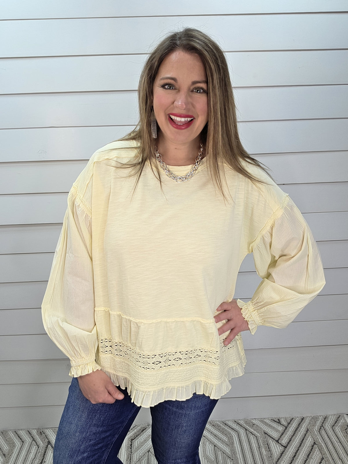 BUTTER YELLOW OVERSIZED LACE TRIM TOP