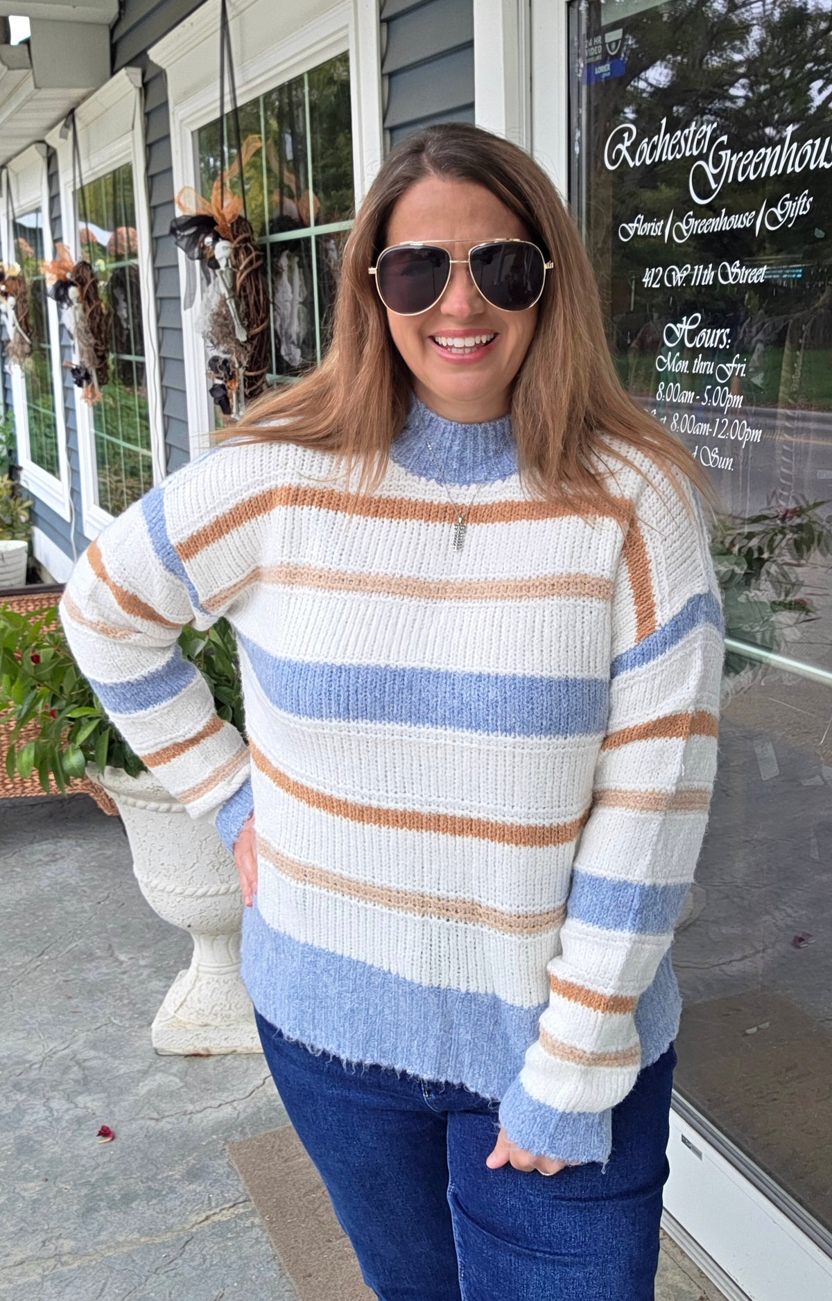KHAKI/BLUE/CREAM OVERSIZED STRIPED KNIT SWEATER