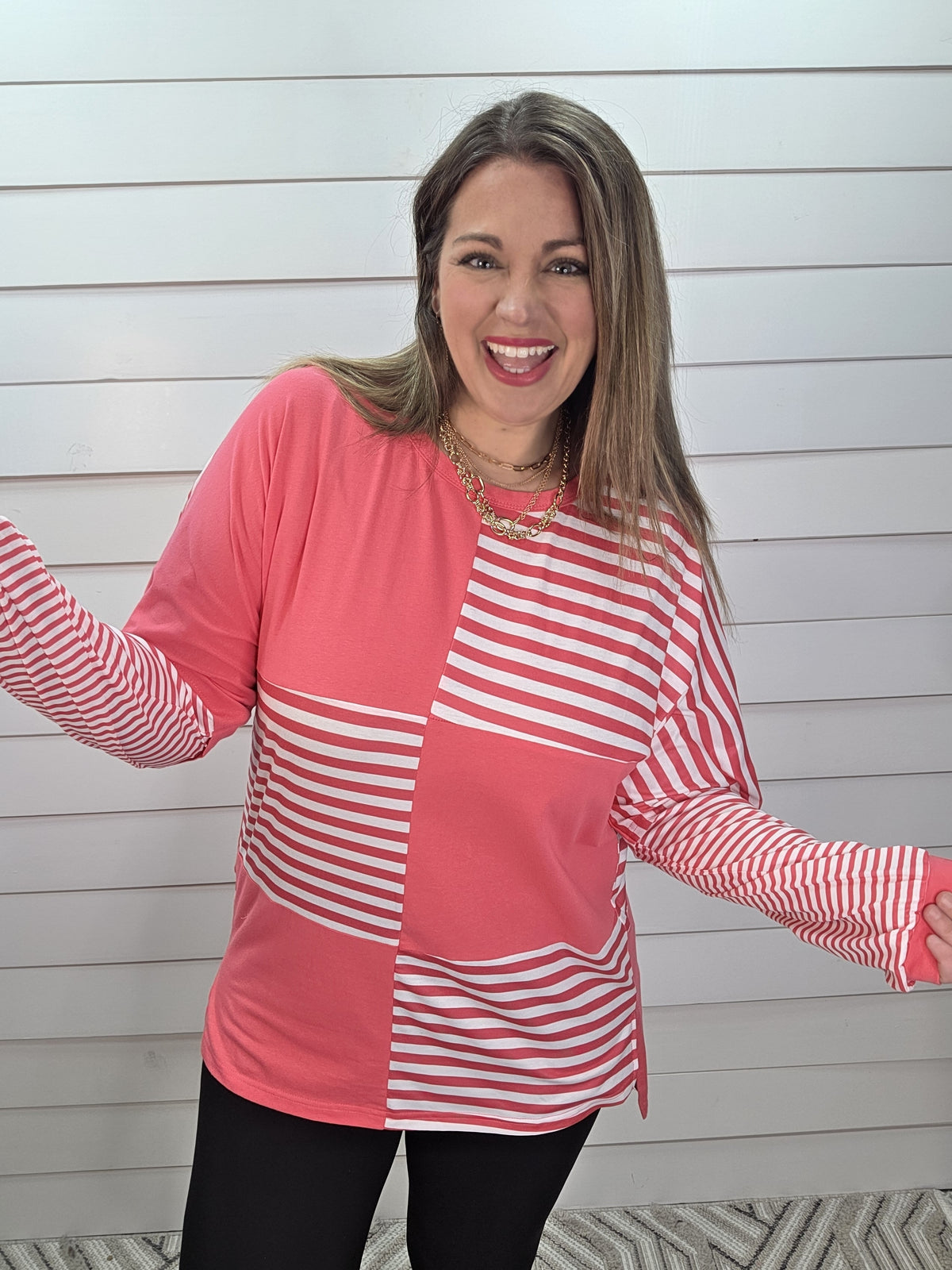 PINK BLOCK STRIPED DROP SHOULDER LONG SLEEVE OVERSIZED TOP