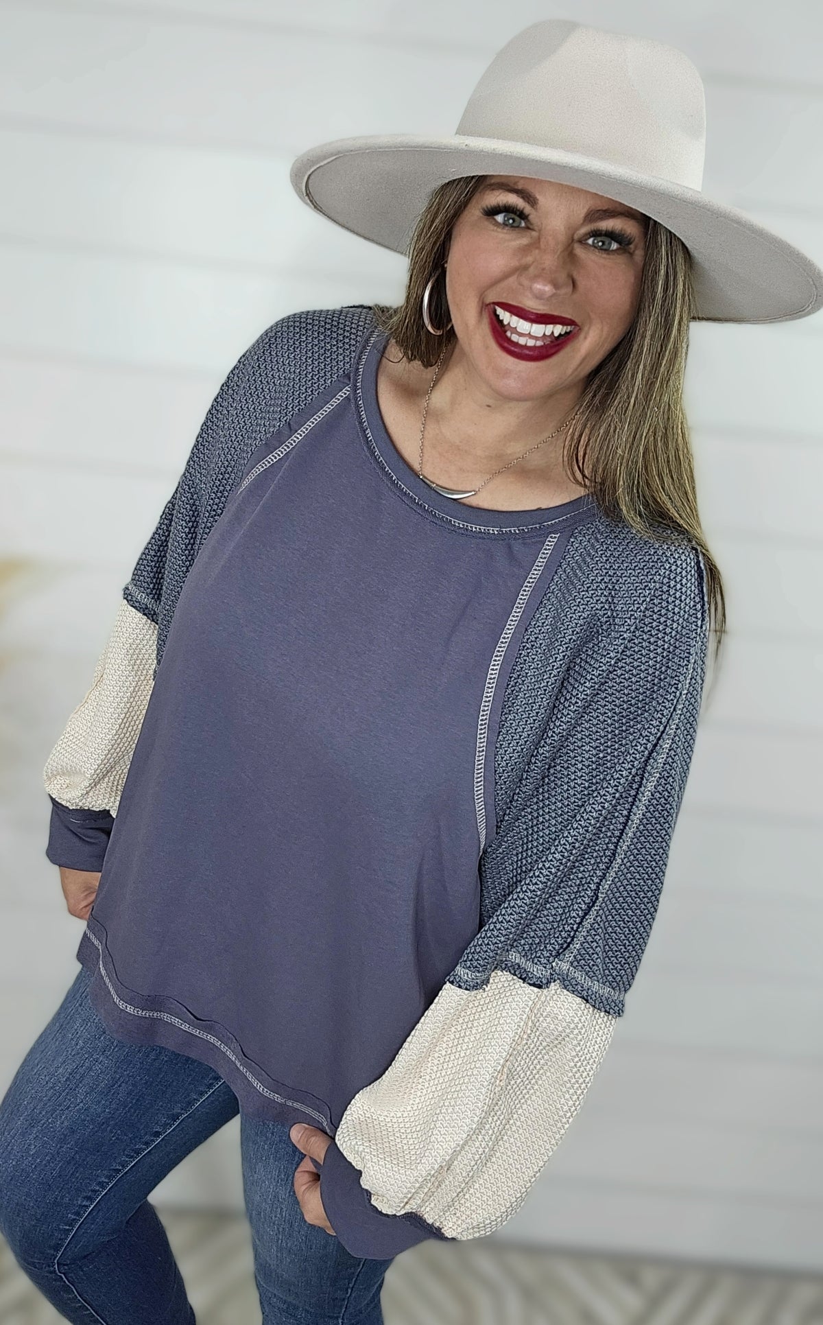 BLUE PULLOVER TOP W/ TEXTURED SLEEVES