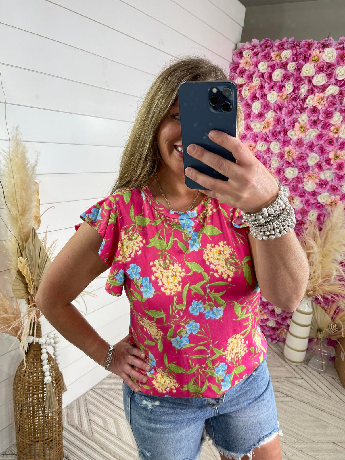 FUCHSIA FLORAL ROUND NECK RUFFLE SLEEVE TOP