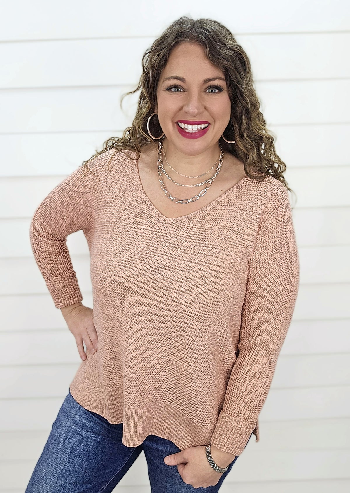 BLUSH V NECK SLOUCH SWEATER W/ ROLLED SLEEVES