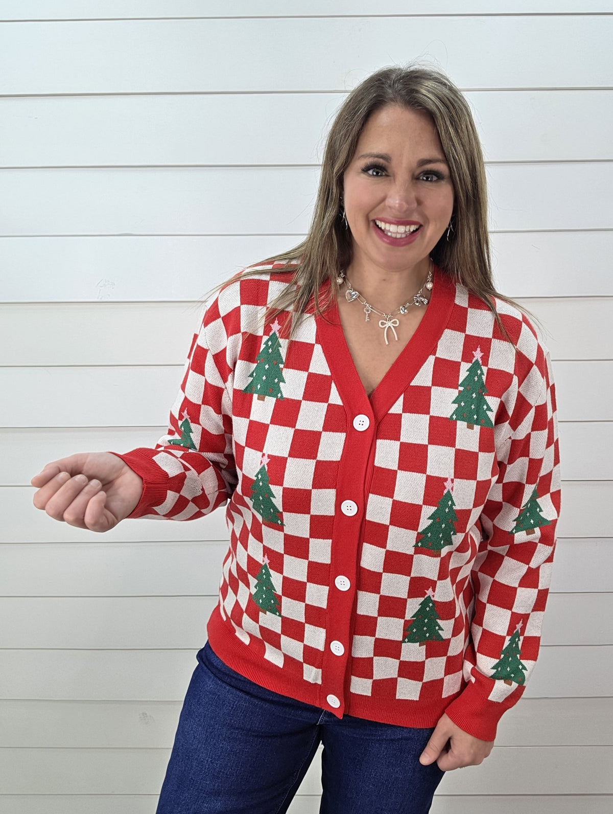 RED CHECKERED TREE BUTTON CARDIGAN SWEATER