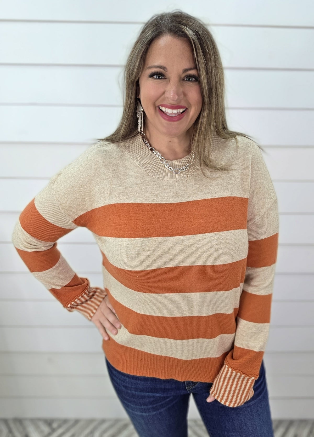 PUMPKIN STRIPED PULLOVER KNIT SWEATER WITH CONTRAST CUFFS