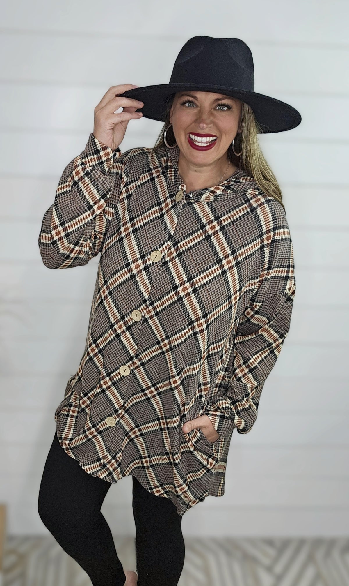 MOCHA/RUST CHECK OVERSIZED HOODED BUTTON DOWN TUNIC