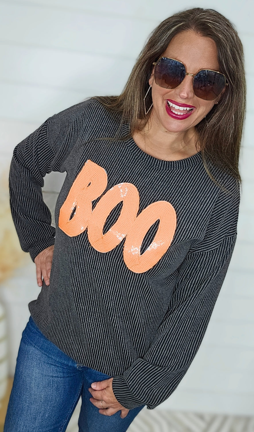 CHARCOAL RAISED RIBBED TOP W/ NEON ORANGE SEQUIN BOO