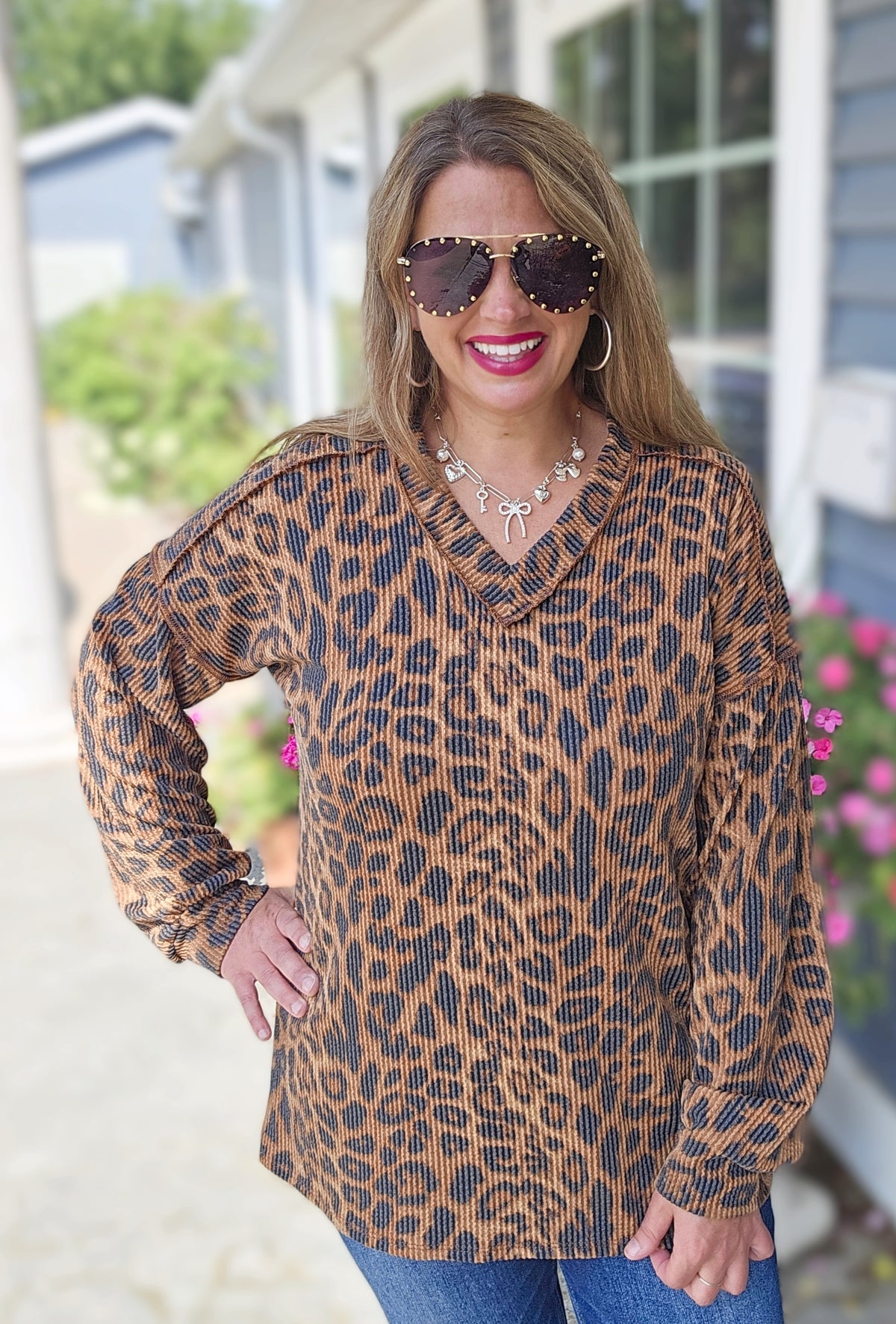 DARK MOCHA RAISED RIBBED ANIMAL PRINT V NECK LONG SLEEVE TOP