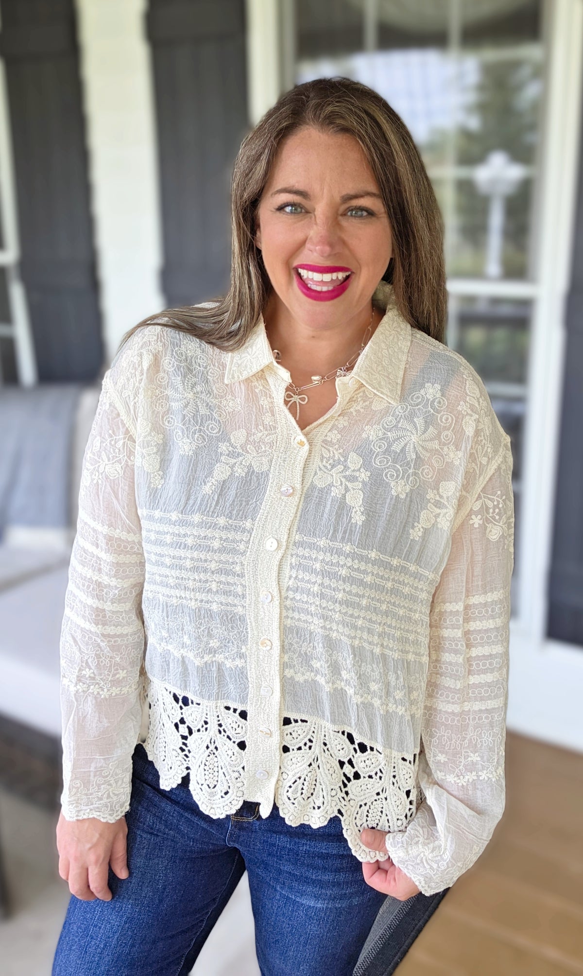 BEIGE EMBROIDERED BUTTON DOWN CROCHET LACE TOP