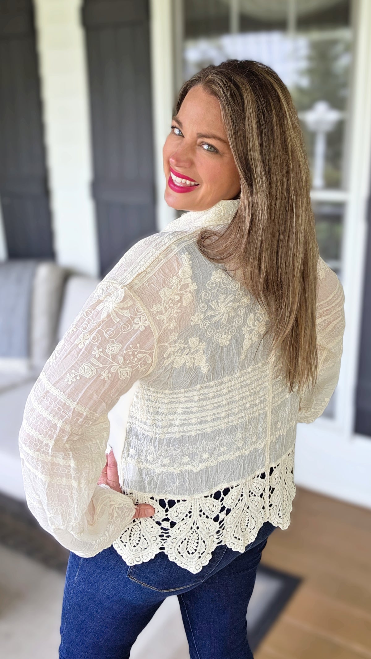 BEIGE EMBROIDERED BUTTON DOWN CROCHET LACE TOP