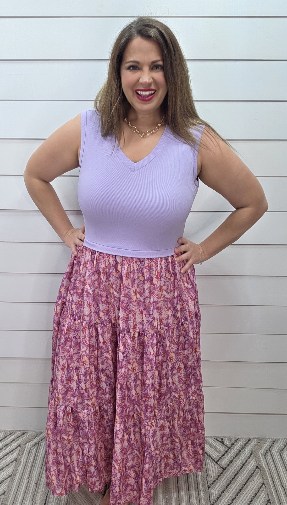 PURPLE RIBBED TANK DRESS W/ FLORAL SKIRT