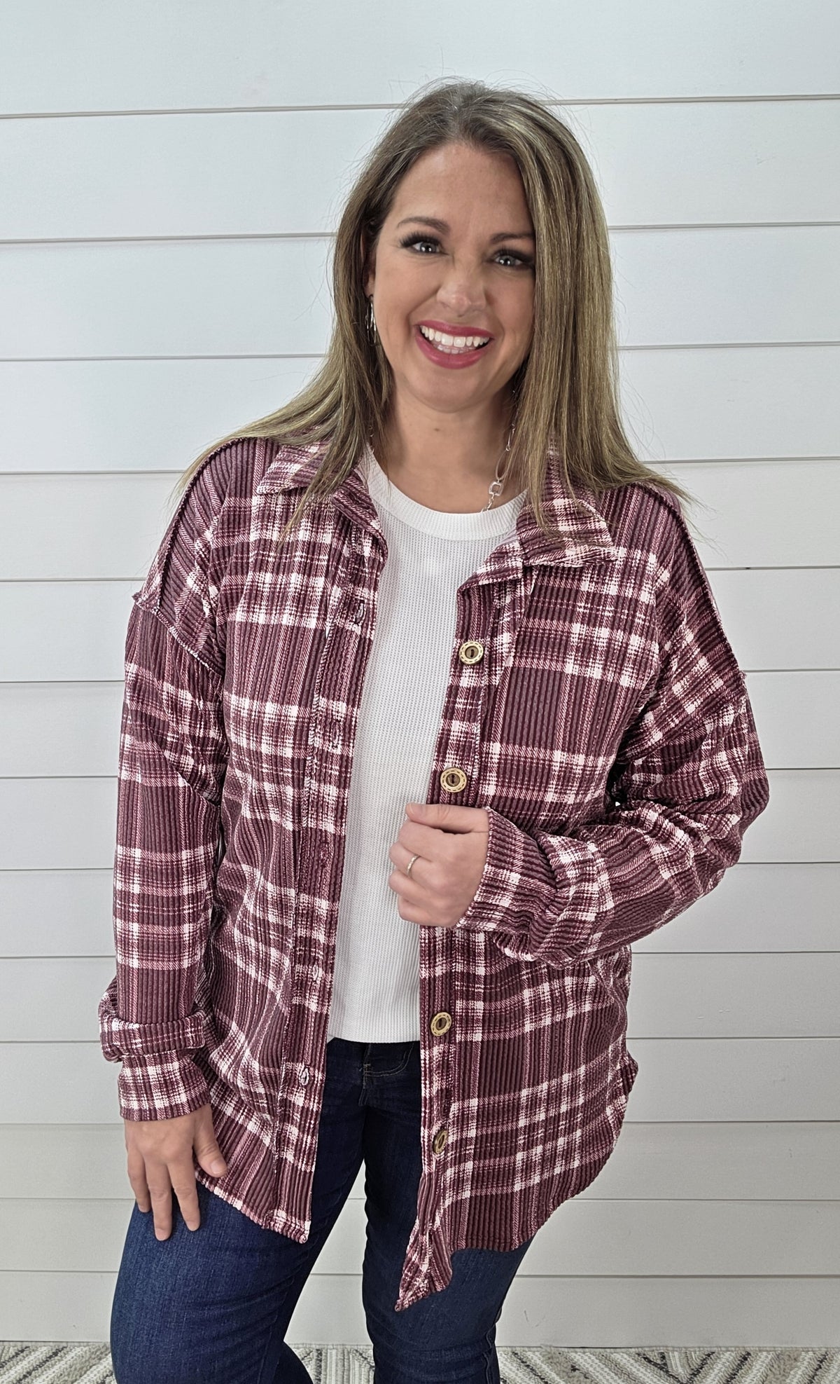 BURGUNDY PLAID RAISED RIBBED BUTTON KNIT TOP