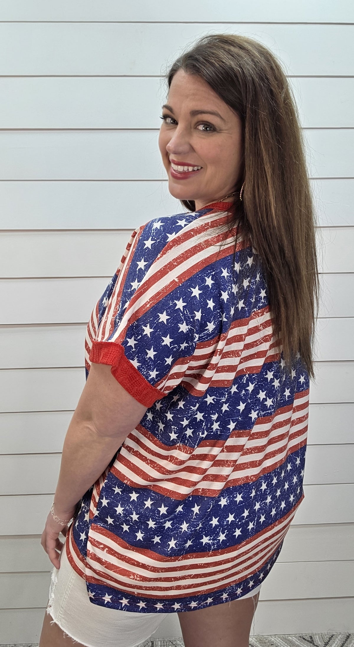RED/BLUE STARS AND STRIPED V NECK KNIT TOP