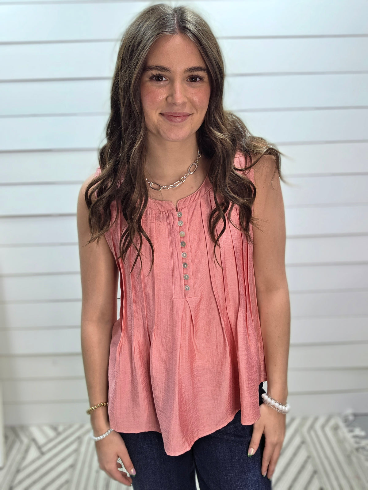 MAUVE PINTUCK HALF BUTTON WOVEN TANK