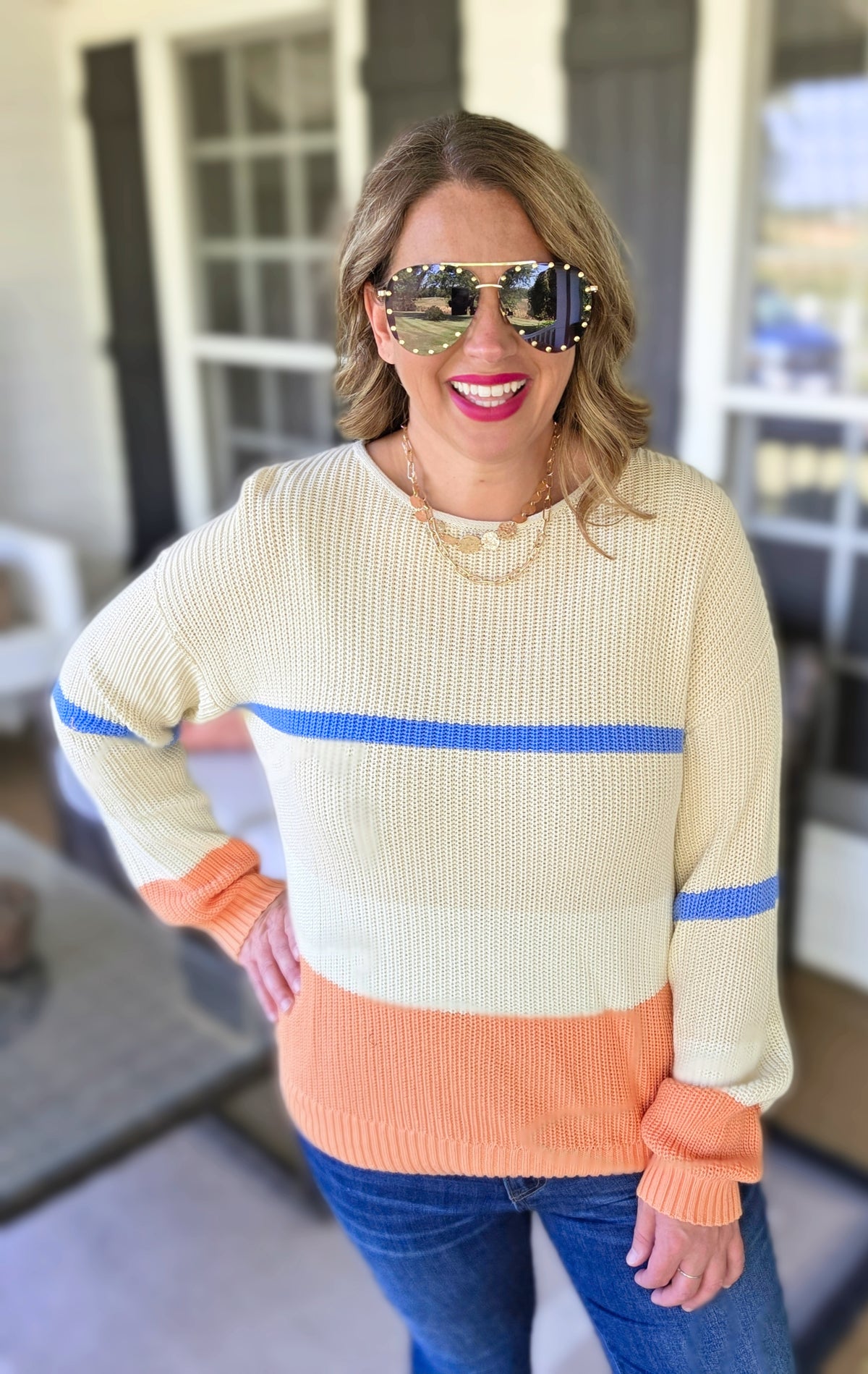 BEIGE/BLUE/ORANGE STRIPED COTTON BLEND SWEATER