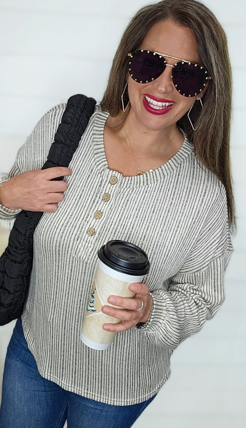 CHARCOAL/IVORY HALF BUTTON KNIT TOP