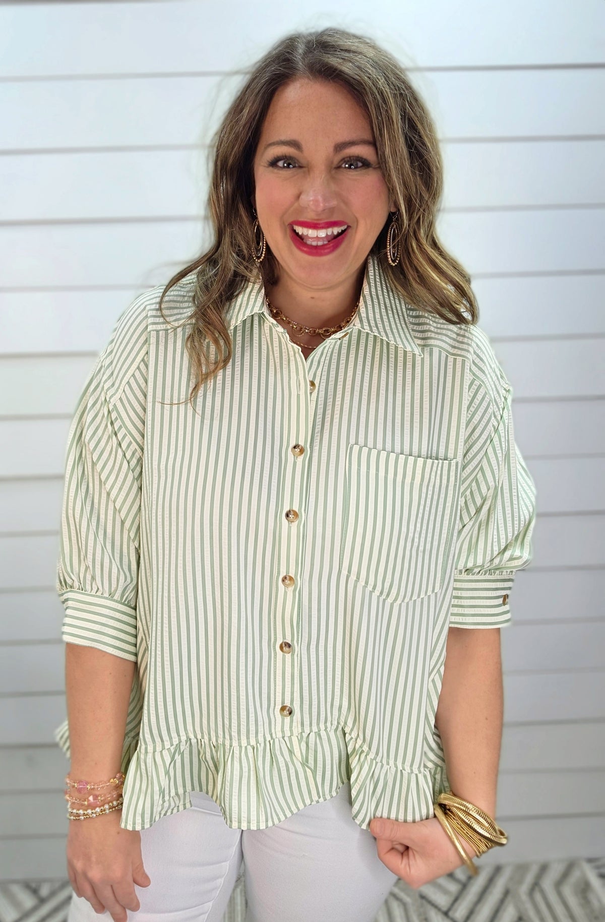 SAGE STRIPED BUTTON DOWN RUFFLE TOP