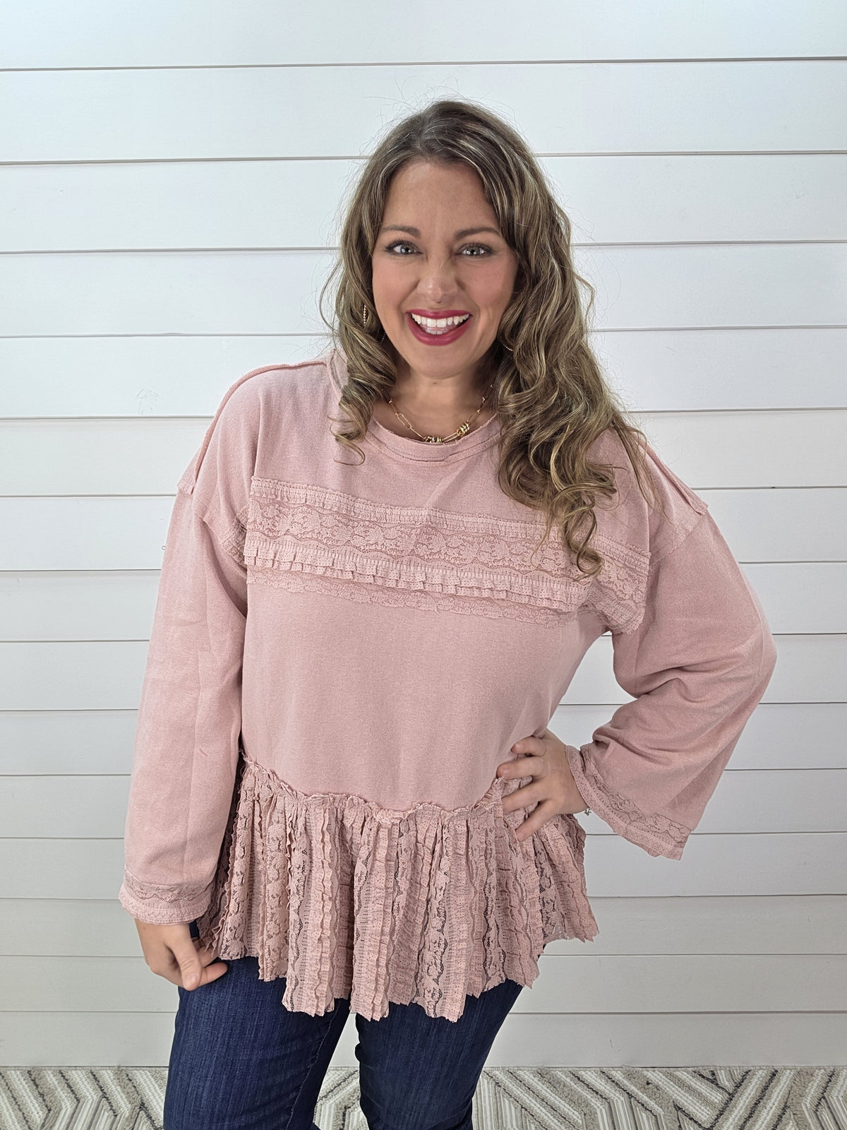 DUSTY ROSE LACE TRIM FRILL FRENCH TERRY TOP