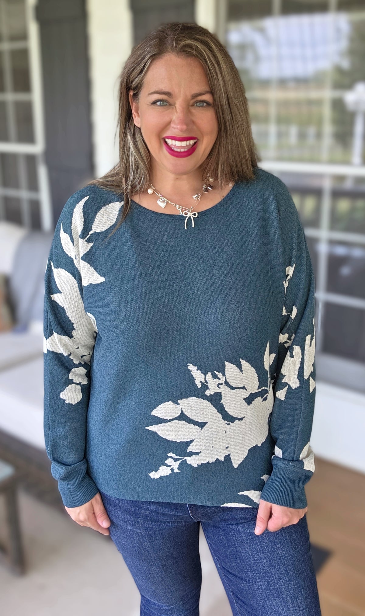 TEAL FLORAL JACQUARD DOLMAN KNIT SWEATER