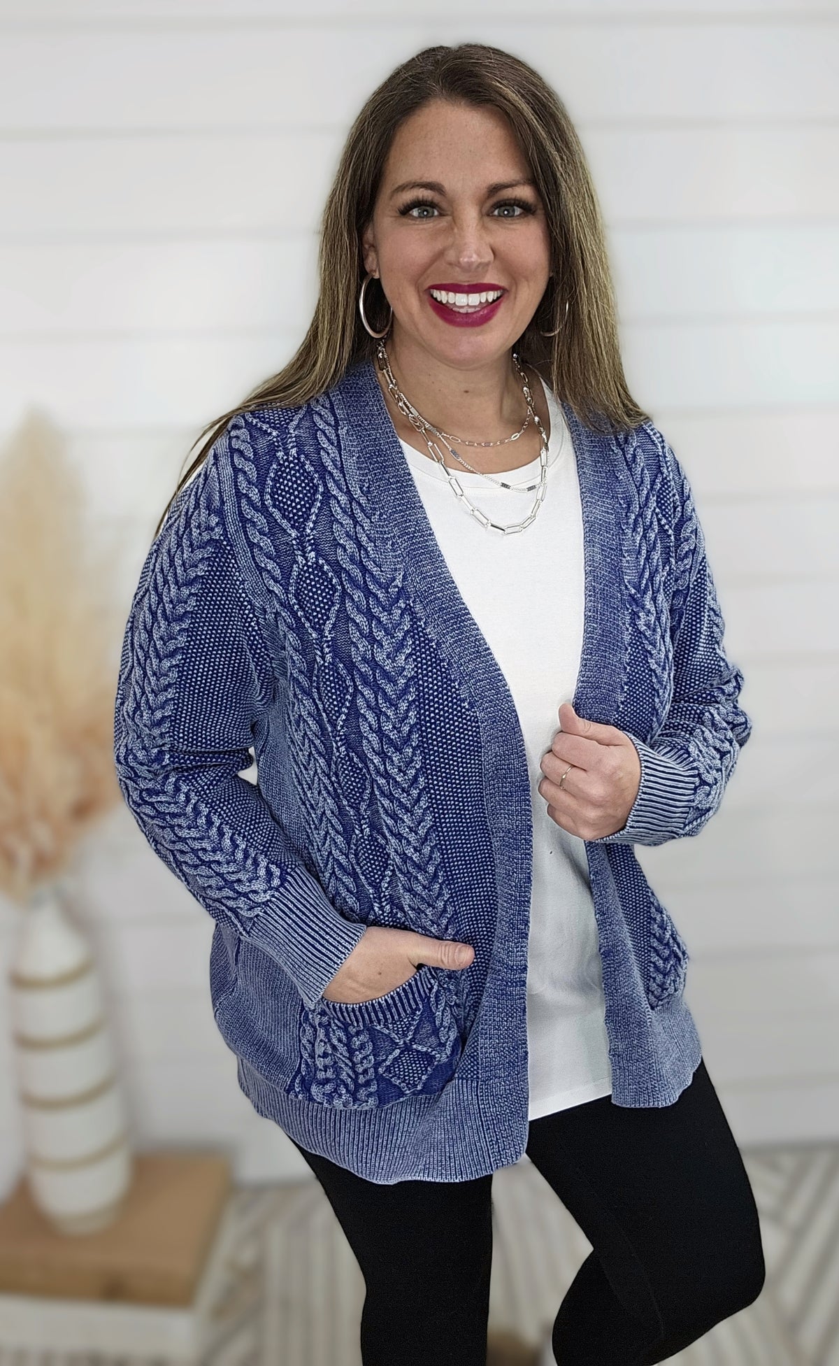 BLUE MINERAL WASH CABLE KNIT OPEN FRONT CARDIGAN