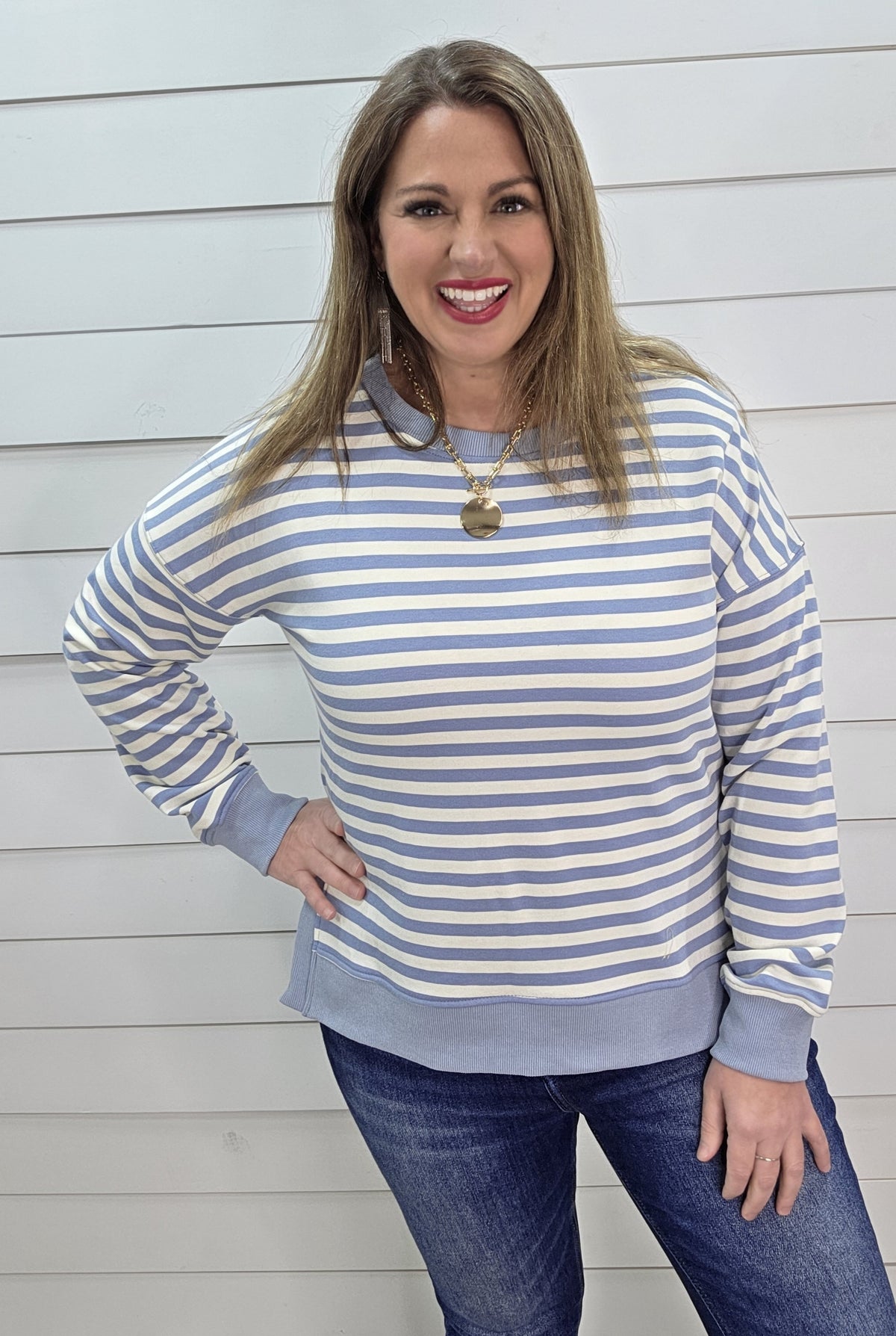 SKY BLUE STRIPED FRENCH TERRY TOP W/ SPLIT SIDES